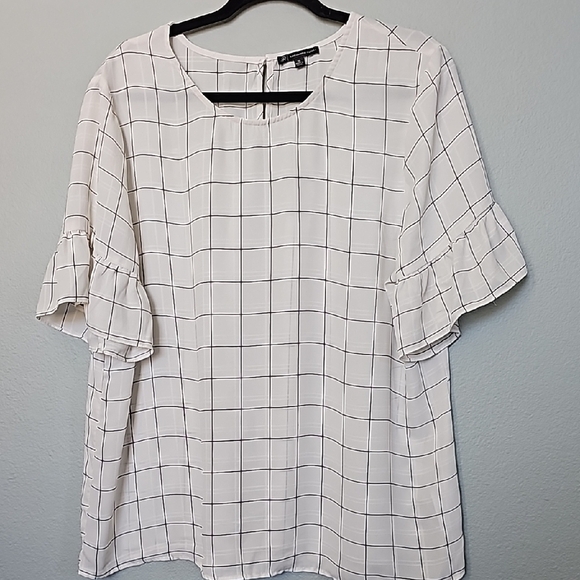 Adrianna Papell Preppy Mod Feminine Windowpane Ruffle Bell Sleeve Blouse XL - Picture 1 of 6